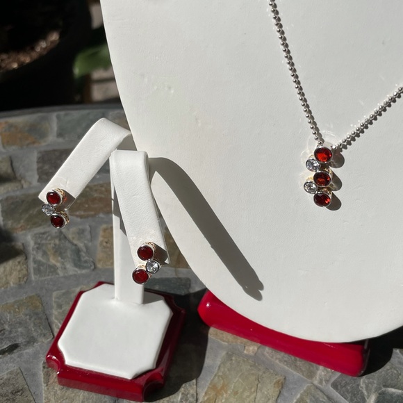 Ruby/CZ Stones Sterling Silver Necklace ER Set - Picture 3 of 15